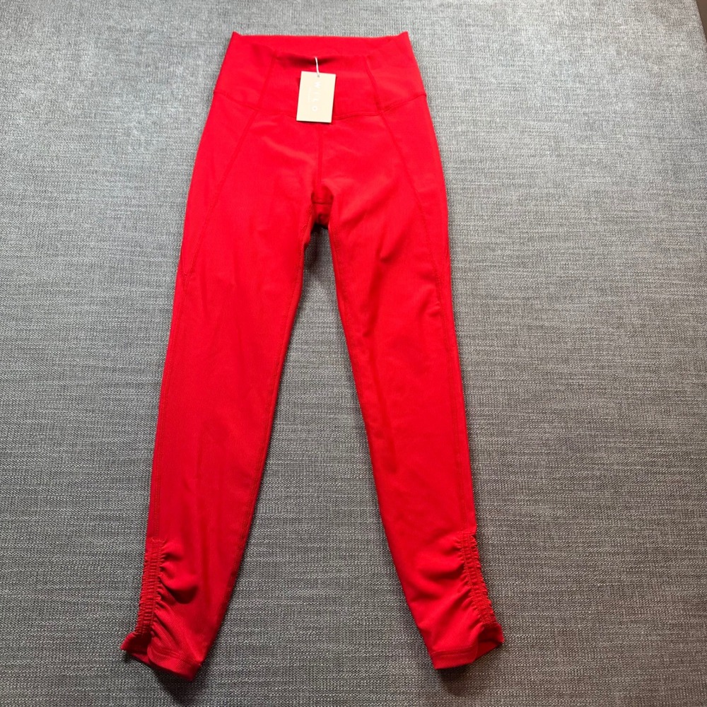 Wilo The Label Leggings Womens Small Red New Ribbed Ruched High Waisted Pants